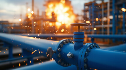 Close-up of interconnected blue industrial pipes and shut-off valves, part of an intricate energy infrastructure, as a sudden explosion in the background sends sparks and smoke int