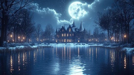 Enchanting moonlit mansion reflecting on a serene lake, surrounded by winter trees and glowing lights