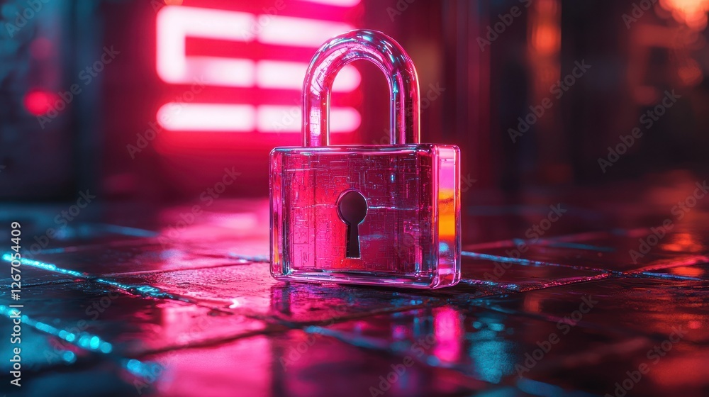Poster secure data concept. clear padlock on tiled surface with red neon glow in background