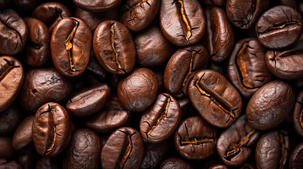 Fototapeta premium Roasted Coffee Beans: Close-up view of rich, dark roasted coffee beans, showcasing their deep brown color, oily texture, and intricate details. The image is perfect for coffee-related products.