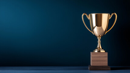 A majestic golden trophy cup with elegantly curved handles, placed on a polished wooden base, glowing warmly against a rich, dark blue gradient background.