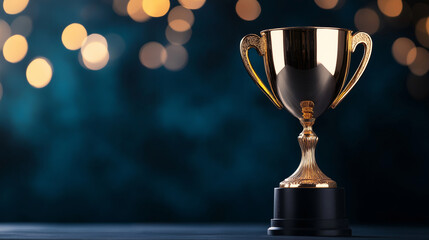 A golden trophy cup with a reflective surface, catching the light dramatically, set against a luxurious deep blue background with soft bokeh highlights.
