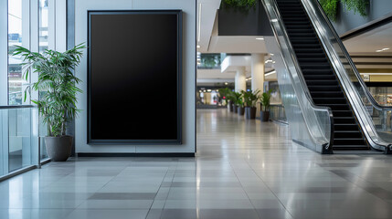 A tall, blank black billboard is mounted on the wall of a contemporary shopping center, surrounded by glass railings, escalators, and a polished tile floor.