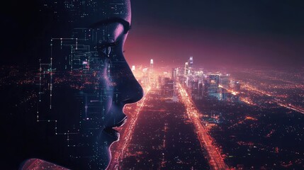 Fototapeta premium A visionary CEO face with real-time AI analytics, futuristic city lights, and virtual business networking effects.