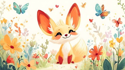Fototapeta premium Cute fox character surrounded by colorful flowers and butterflies in a whimsical garden