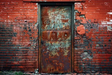 Naklejka premium Photo of Red brick wall with old rustic weathered door in european city. Texture for background usage