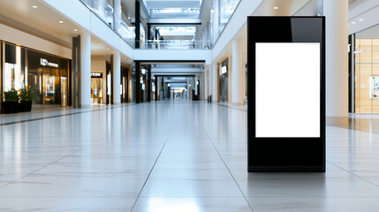A sleek, glossy black billboard stands in a multi-level shopping center, contrasting against the white marble flooring and warm ambient lighting.