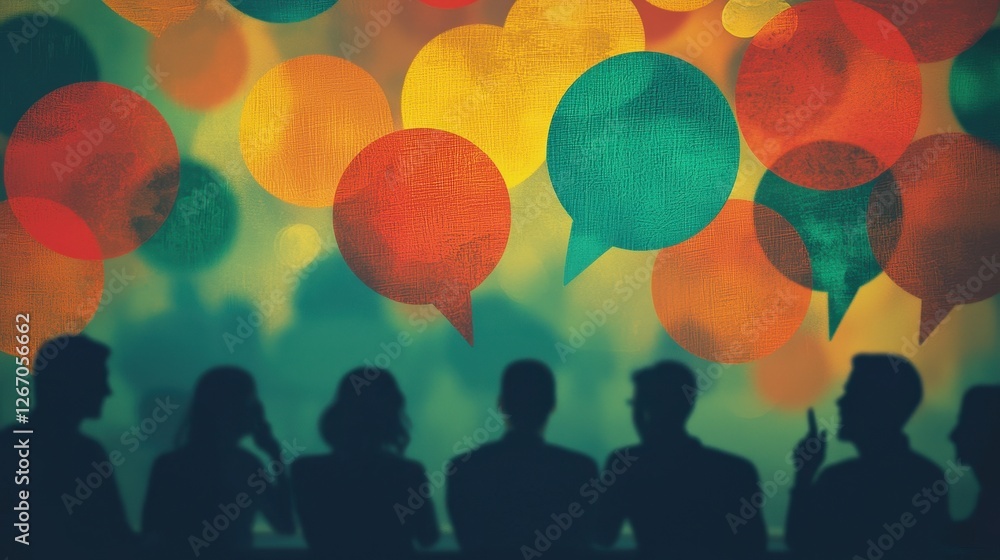 Aufkleber silhouettes of people engaging in conversation with colorful speech bubbles floating in the backgrou
