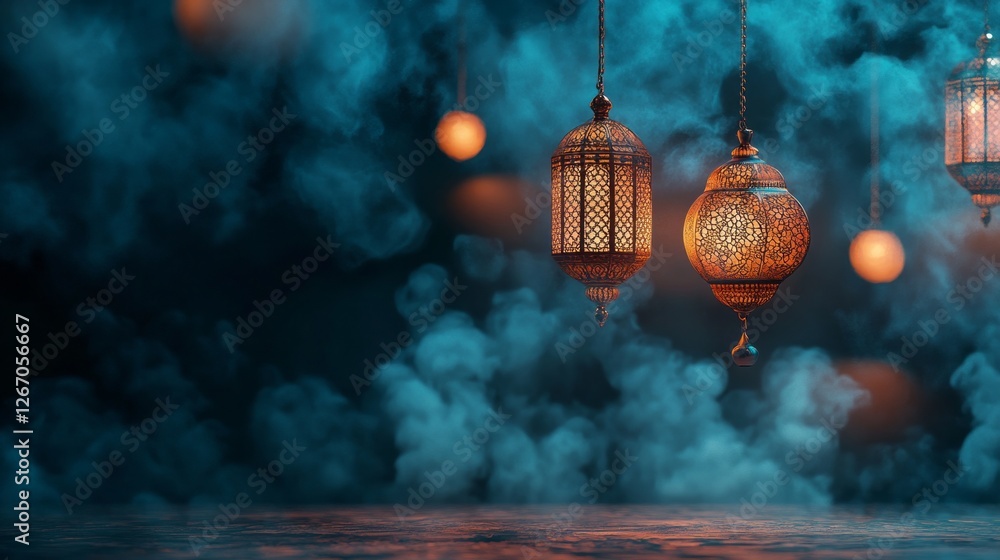 Poster festive lanterns hang gracefully, casting warm glows through misty surroundings, creating a mystical