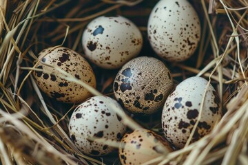 Obraz premium Cluster of quail eggs in nest among stalks. AI generated