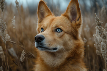 Fototapeta premium Blue eyed dog in an outdoor setting gazing at a potential target