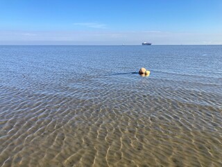 Bojen im niedersächsischen Wattenmeer der Nordsee bei Eintreffen der Flut mit Schiff am blauen...