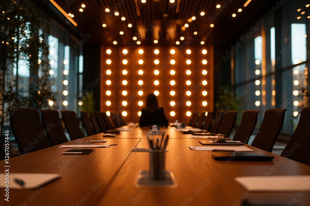 Poster anonymous person in an empty conference room with light wall and window