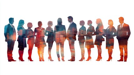 Fototapeta premium Silhouettes of business people in double exposure with high skyline background for success concept