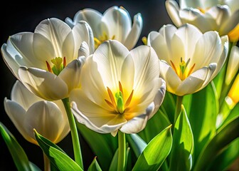 Obraz premium Overhead silhouette of a white tulip, yellow center vibrant against the dark background; a floral study in contrast.