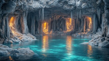 Ice cave with blue water reflects glowing light, for tourism or travel background