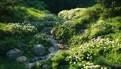 Peaceful water flows through stone, grass, and white flower garden scene