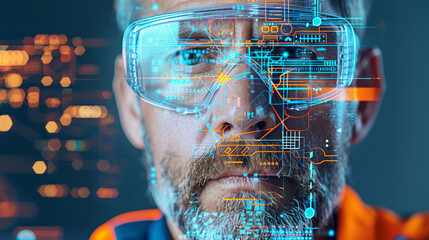 Technologist with AR Goggles: A close-up shot of a focused male technologist wearing augmented reality goggles, showcasing futuristic digital data overlaying his face.