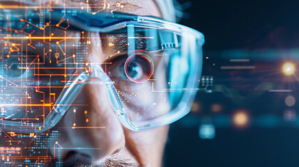 Visionary in VR: Close-up of a man wearing transparent safety glasses, with a digital overlay of circuit boards and data streams reflecting in his eyes.