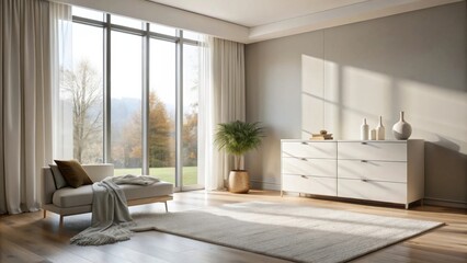 Fototapeta premium Serene minimalist living room with large windows, sunlight streaming in, comfortable chaise lounge, and modern white dresser
