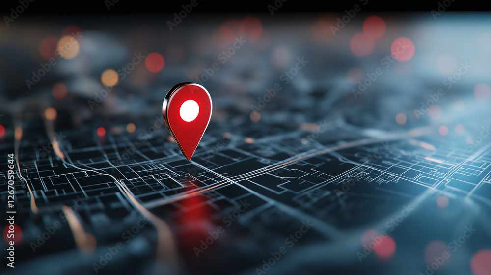 Poster a 3d-rendered close-up map with a bold red location pin at its center, surrounded by a maze of stree