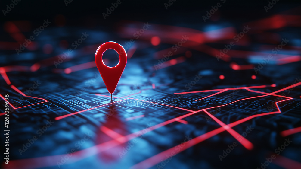 Poster a 3d-rendered close-up map with a bold red location pin at its center, surrounded by a maze of stree