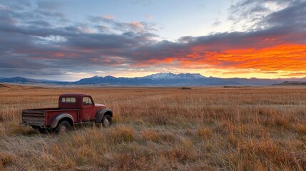 Rustic truck sunset plains mountains landscape photography