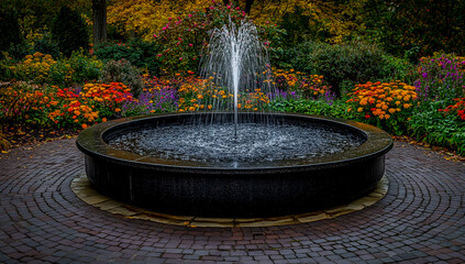 "Water Cascading from Spouts into Circular Brick Courtyard with Vibrant Fall Foliage"