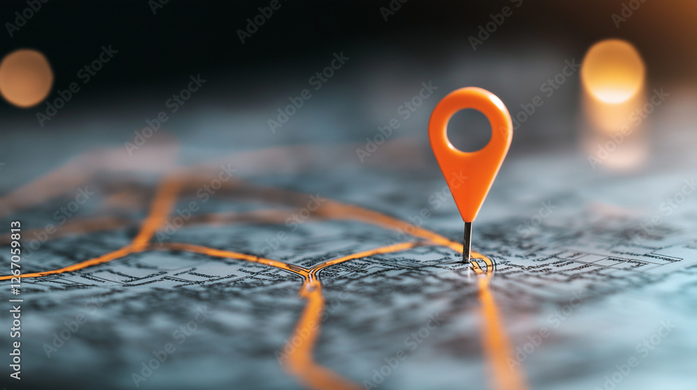 Poster a macro shot of a paper map, its textured surface highlighted as a bright orange location marker is 