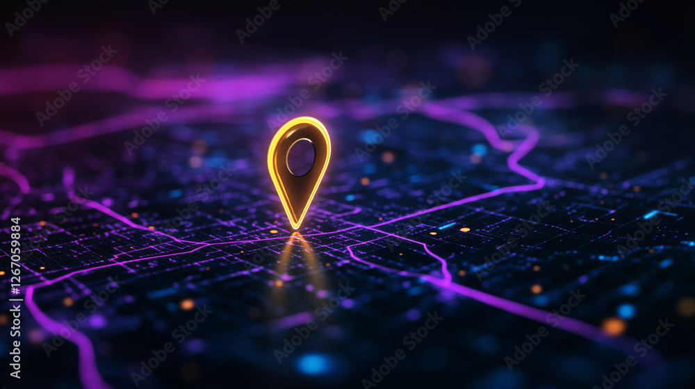 Poster a neon-style digital map interface, with a luminous yellow pin marking a key destination, navigation