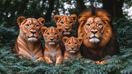 Family of lions resting amidst lush greenery, showcasing pride dynamics in a serene forest setting