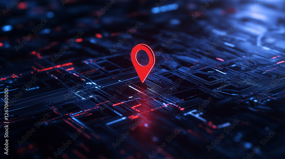 Poster a satellite-view map on a high-tech display, with a bright red location icon in the center indicatin