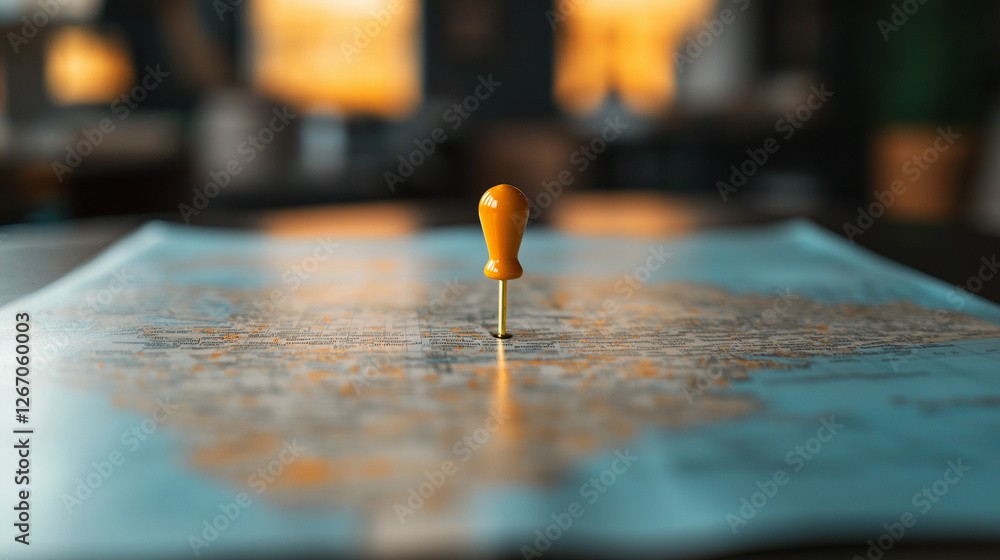 Poster a physical fold-out map spread across a table, a golden pushpin securing the precise center of a hig