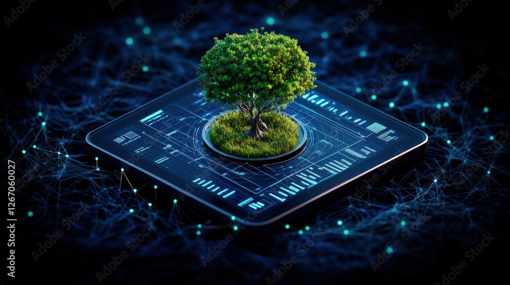 Poster small tree placed on tablet with businessmen analyzing data science and business strategies