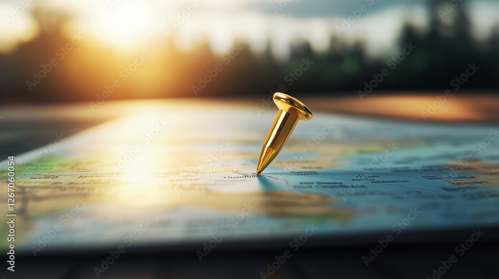 Poster a physical fold-out map spread across a table, a golden pushpin securing the precise center of a hig