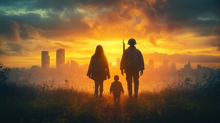 Family silhouette with a soldier at sunset, overlooking a city skyline, symbolizing hope and resilience