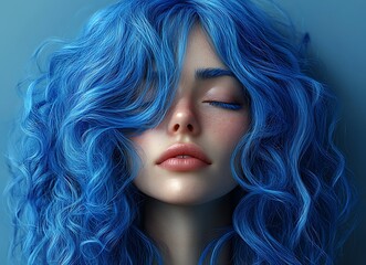 Fototapeta premium Stylish Mannequin with Vibrant Curly Blue Hair Against Textured Blue Background