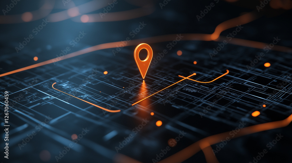 Poster a textured close-up of a navigation app interface, with a bold orange pin pulsing in the middle, sur