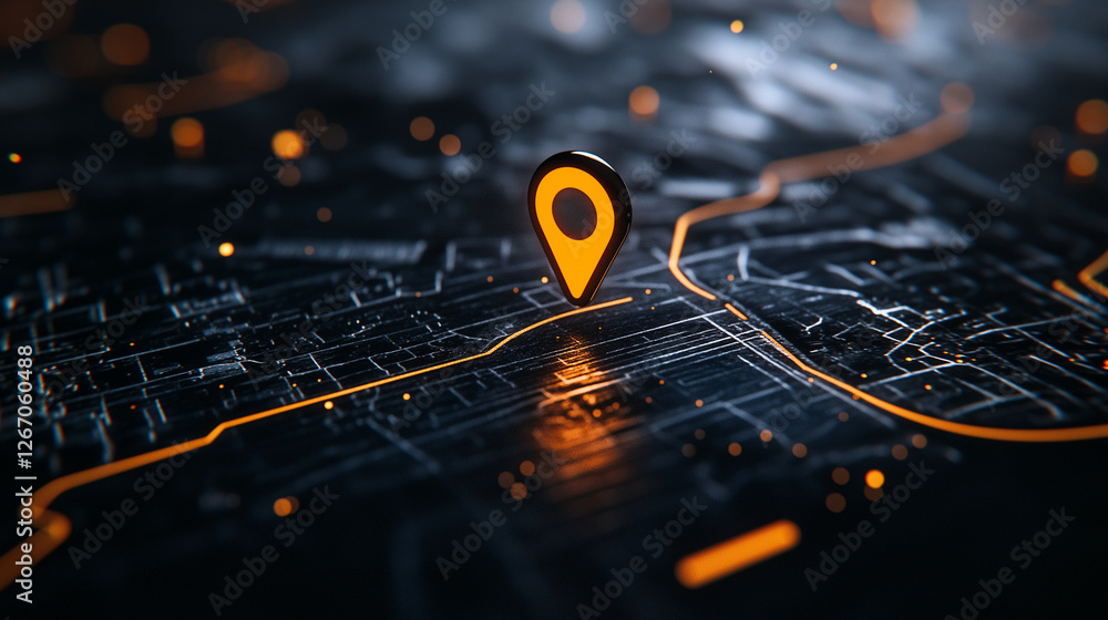 Poster a textured close-up of a navigation app interface, with a bold orange pin pulsing in the middle, sur