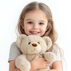 Adorable Little Girl Smiling Sweetly Holding Beige Teddy Bear Soft Toy Happy Child Innocence Childhood Carefree Joyful Playful Tenderness Lovely      