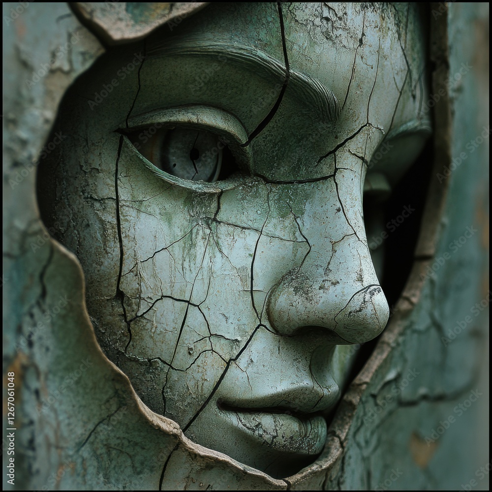 Poster detailed close-up of a cracked sculpture revealing a mystical face with intricate textures and expre