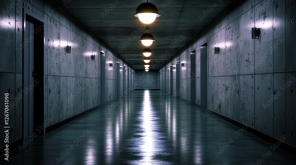 Poster long hallway with ceiling light illuminating the space creating a bright and open atmosphere