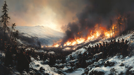 The Epic Battle: A historical painting depicts a vast army engaged in a brutal battle scene, with flames engulfing a forest against a snow-covered mountainous backdrop.