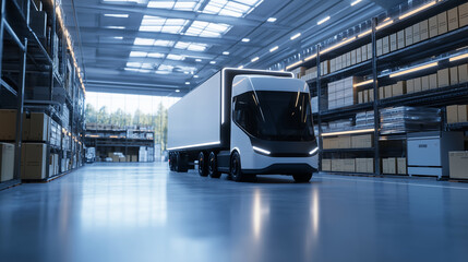 Obraz premium A futuristic AI-powered delivery hub, a sleek white transport truck being loaded with smartly scanned and sorted packages.