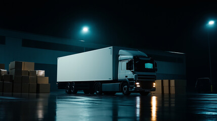 A night-time loading scene, a white truck illuminated by warehouse lights, with workers carefully stacking boxes inside.