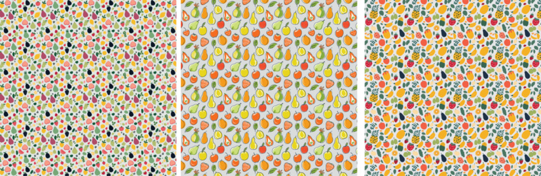 A seamless pattern design featuring various fruits such as oranges, apples, and bananas, arranged in vibrant colors on a white background. This playful and fresh fruit pattern is perfect for textiles,
