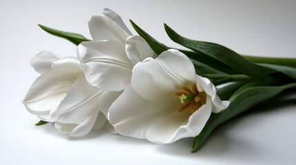 Fototapeta premium Cluster of White Tulips Isolated on White Background with Green Stems