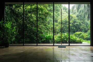 Rainy day scene indoor window view of nature, mop on wet floor