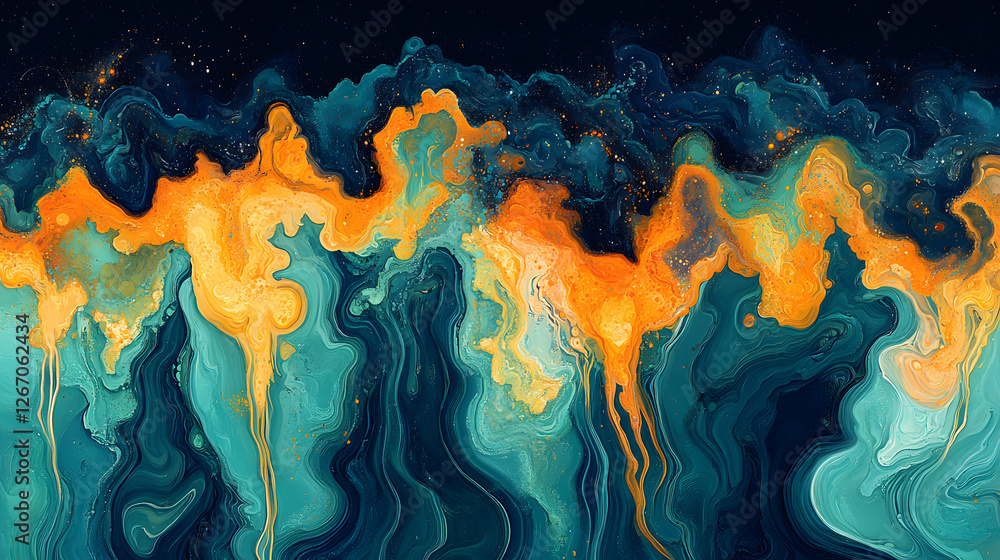 Aufkleber abstract fluid art: dynamic swirls of vibrant teal and warm gold create a mesmerizing display. the i