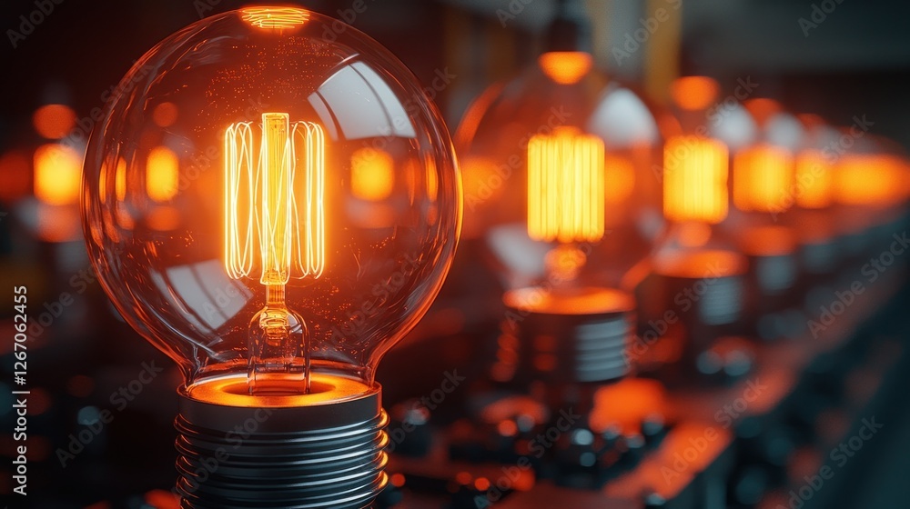 Poster row of illuminated filament light bulbs shining brightly in dimly lit factory setting